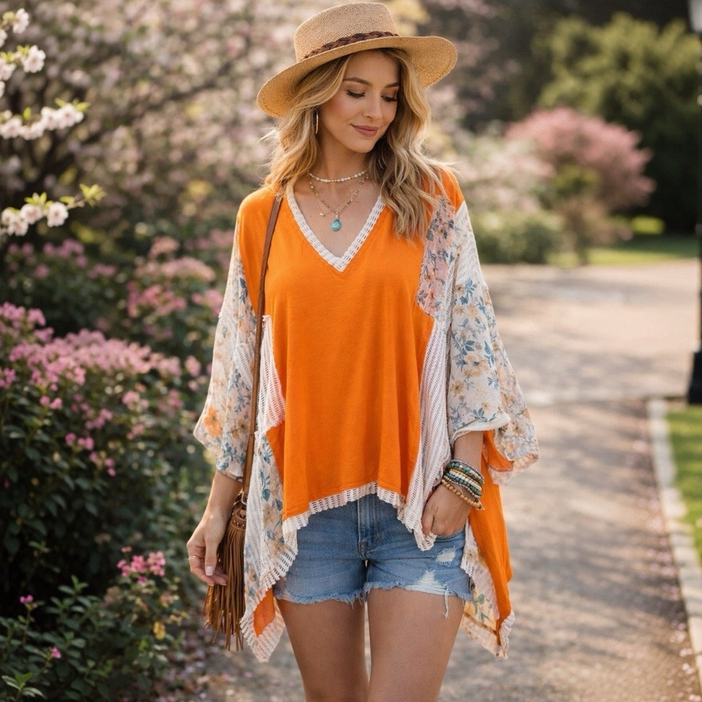 POL Oversized Boho Orange Floral Lace Top